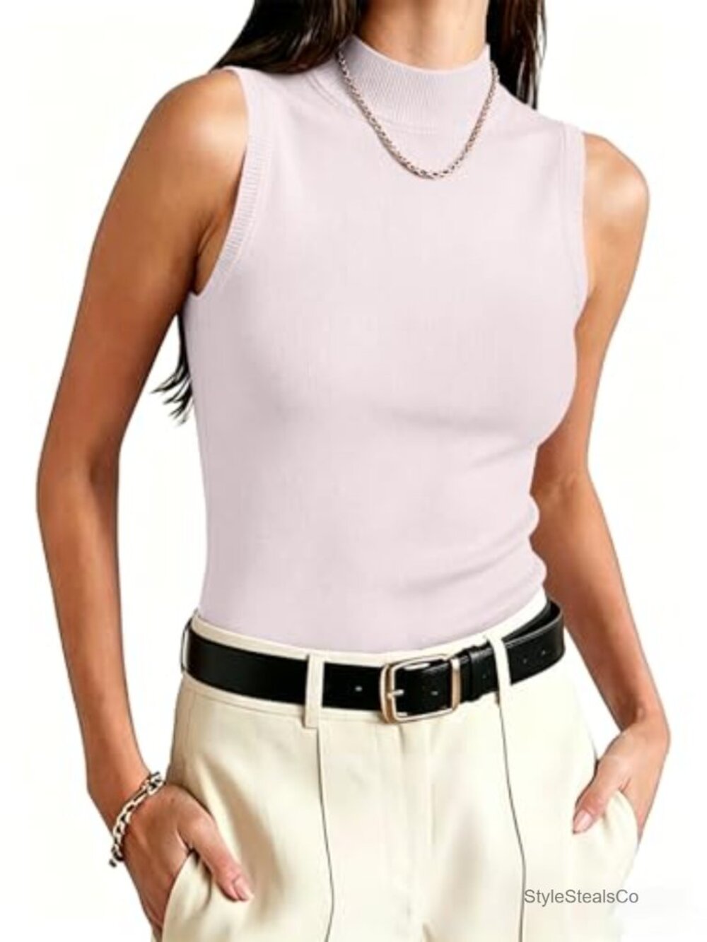 Womens Mock Neck Ribbed Knit Tank Top Sleeveless Business Casual
